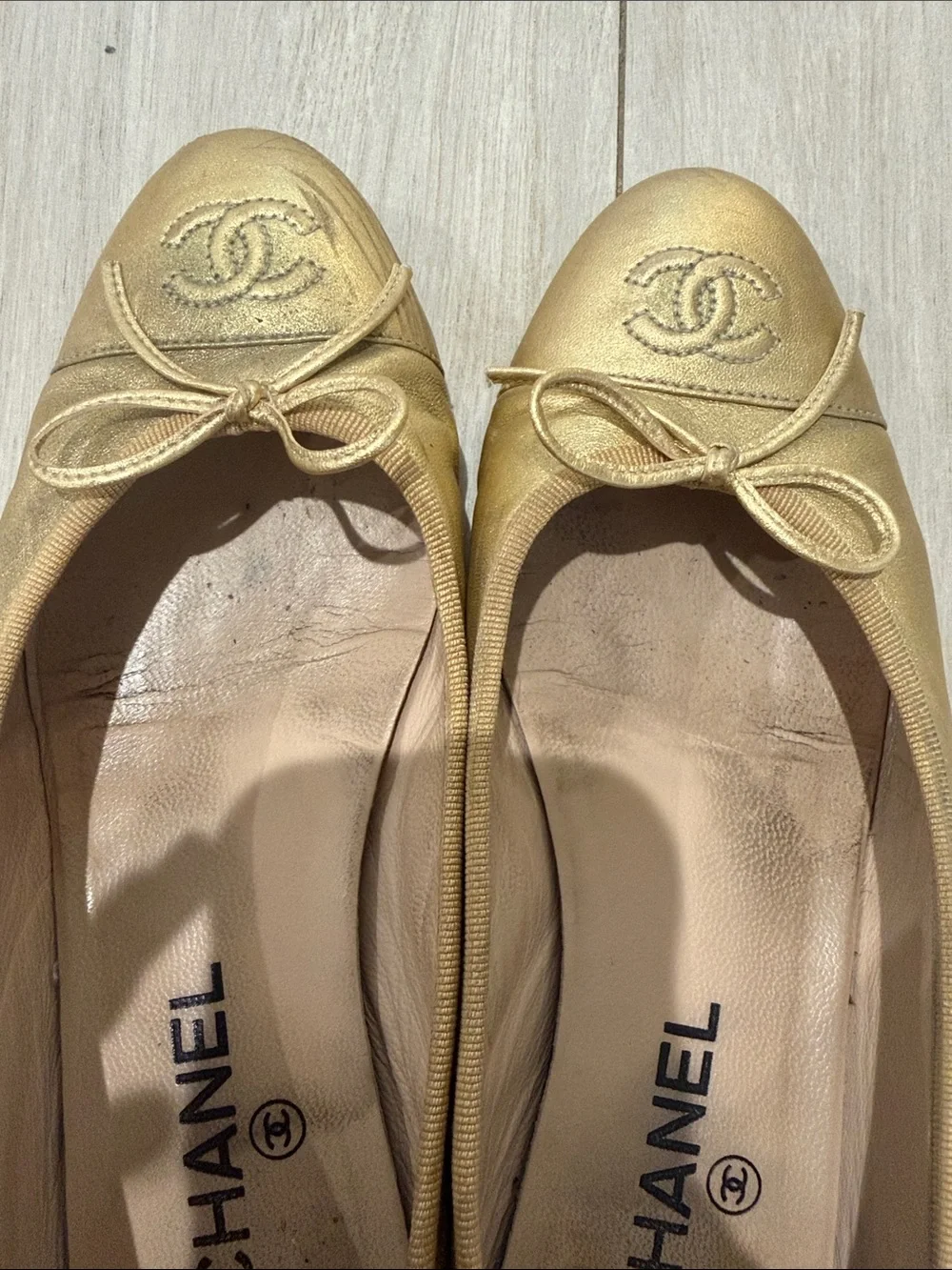 CHANEL Classic Leather Ballet Flats in Gold Size 38